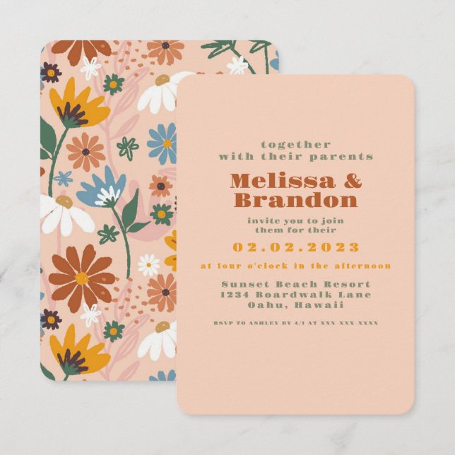 Pastel Peachy Retro 70s Wedding Invitation (Front/Back)