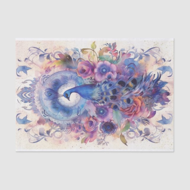 Pastel Peacock and Florals Tissue Paper (Front)