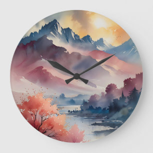 Pastel Peaks and Calm Waters Large Clock