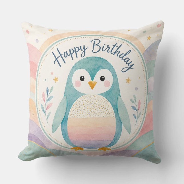 Pastel Penguin Rainbow Birthday Celebration Cushion (Front)