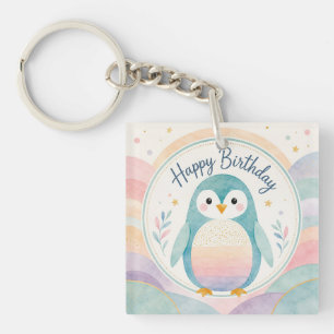 Pastel Penguin Rainbow Birthday Celebration Key Ring