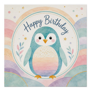 Pastel Penguin Rainbow Birthday Celebration Poster