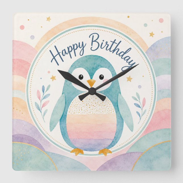 Pastel Penguin Rainbow Birthday Celebration Square Wall Clock (Front)