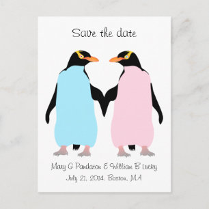 Pastel penguins holding hands save the date announcement postcard