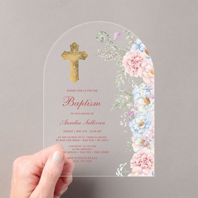 Pastel Peonies Arch Baptism Acrylic Invitations (Insitu (Handheld))