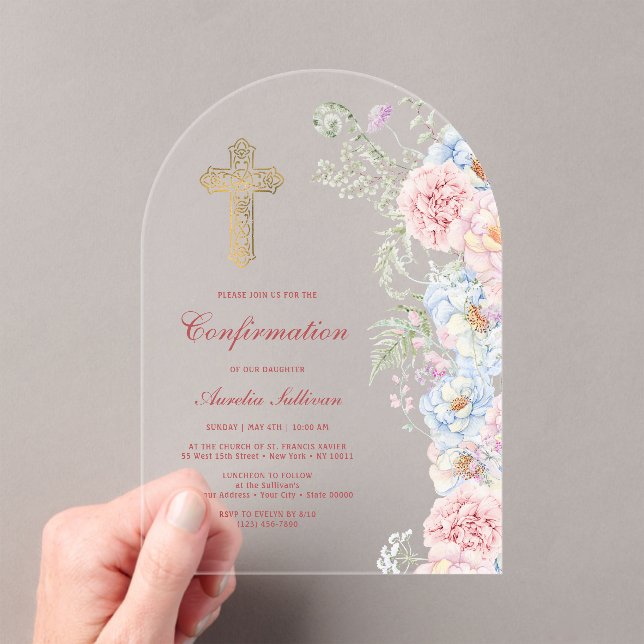 Pastel Peonies Arch Confirmation Acrylic Invitations (Insitu (Handheld))