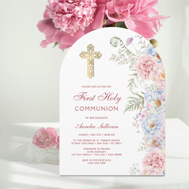 Pastel Peonies Arch First Communion Invitation (Creator Uploaded)