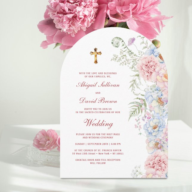 Pastel Peonies Arch Religious Wedding Invitation (Creator Uploaded)