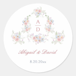 Pastel Peonies Frame Wedding Monograms Classic Round Sticker