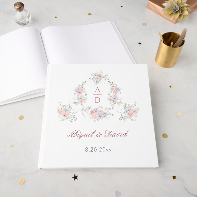 Pastel Peonies Frame Wedding Monograms Guest Book (Front Open)