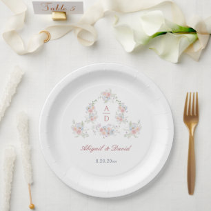 Pastel Peonies Frame Wedding Monograms Paper Plate