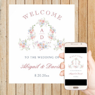 Pastel Peonies Frame Wedding Monograms Welcome Poster