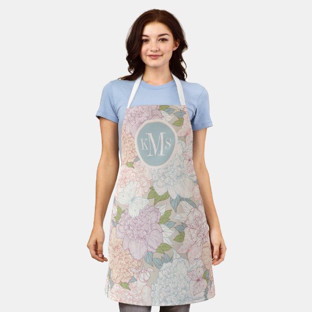 Pastel Peony & Butterfly Flower Pattern Apron (Worn)