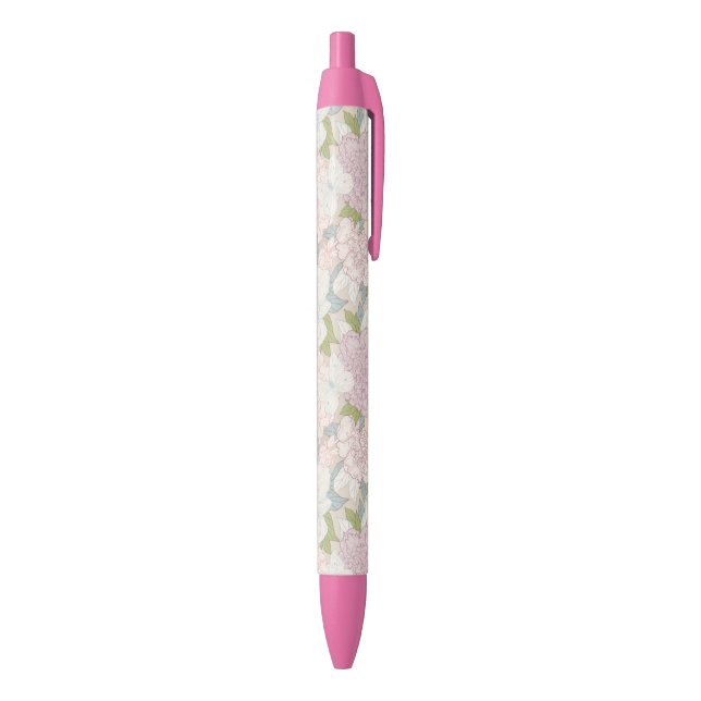 Pastel Peony & Butterfly Flower Pattern Black Ink Pen (Bottom (Vertical))
