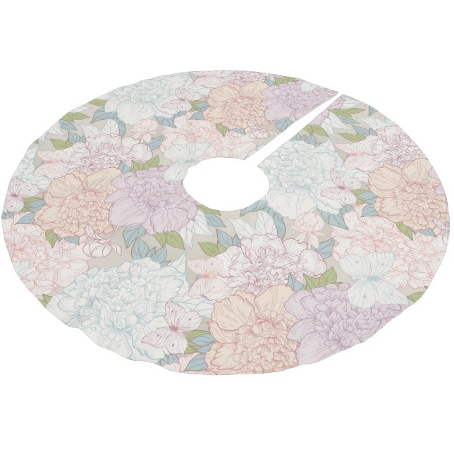 Pastel Peony & Butterfly Flower Pattern Brushed Polyester Tree Skirt (Angled)