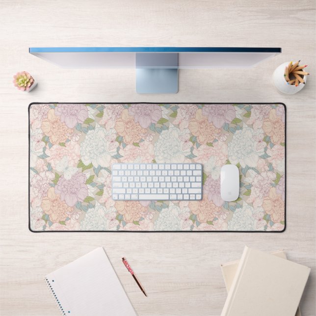 Pastel Peony & Butterfly Flower Pattern Desk Mat (Office 1)