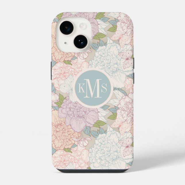 Pastel Peony & Butterfly Flower Pattern iPhone Case (Back)