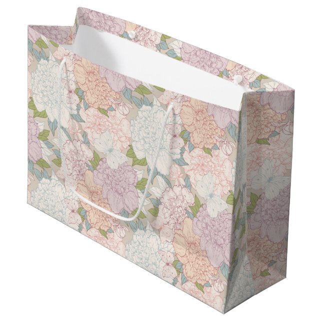 Pastel Peony & Butterfly Flower Pattern Large Gift Bag (Front Angled)