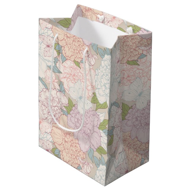 Pastel Peony & Butterfly Flower Pattern Medium Gift Bag (Front Angled)
