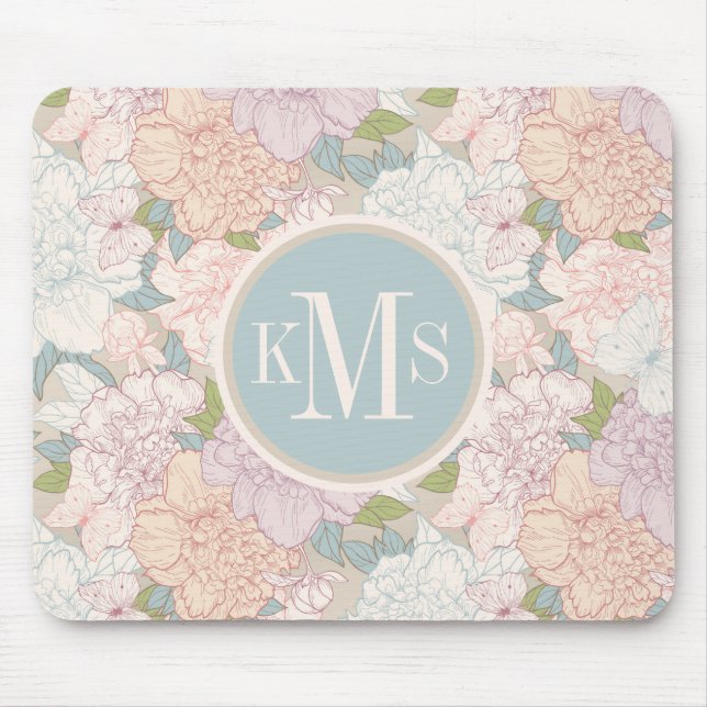 Pastel Peony & Butterfly Flower Pattern Mouse Mat (Front)