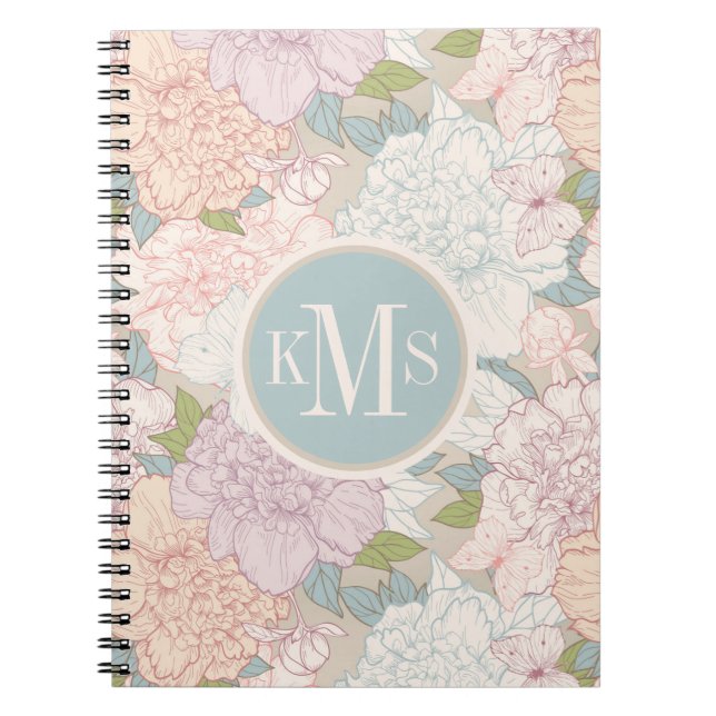 Pastel Peony & Butterfly Flower Pattern Notebook (Front)