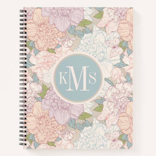 Pastel Peony & Butterfly Flower Pattern Notebook (Front)