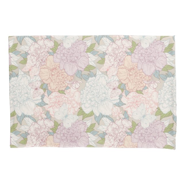 Pastel Peony & Butterfly Flower Pattern Pillowcase (Front)