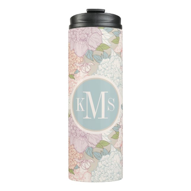 Pastel Peony & Butterfly Flower Pattern Thermal Tumbler (Front)