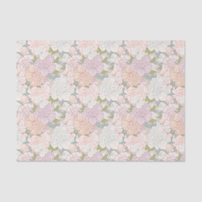 Pastel Peony & Butterfly Flower Pattern Tissue Paper (Front)