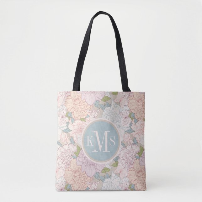 Pastel Peony & Butterfly Flower Pattern Tote Bag (Front)