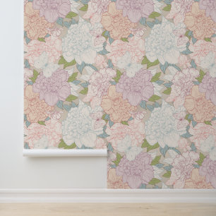 Pastel Peony & Butterfly Flower Pattern Wallpaper