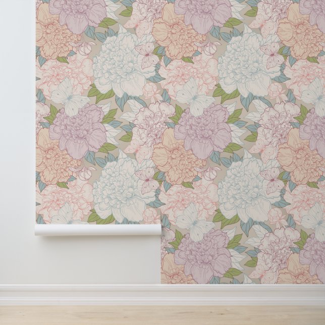 Pastel Peony & Butterfly Flower Pattern Wallpaper (Application)
