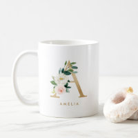 Pastel Peony Floral Letter A Gold Foil Monogram