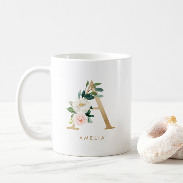 Pastel Peony Floral Letter A Gold Foil Monogram Coffee Mug (With Donut)