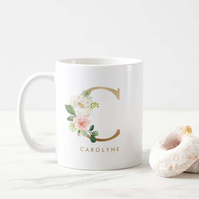 Pastel Peony Floral Letter C Gold Foil Monogram Coffee Mug (With Donut)