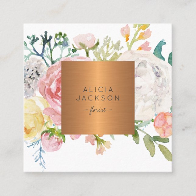 Pastel peony roses rose gold copper label florist square business card (Front)