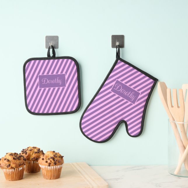 Pastel Personalised Pink and Lavender Striped  Oven Mitt & Pot Holder Set (Insitu(Hanging))