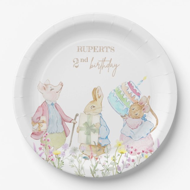 Pastel Peter the Rabbit and Friends Birthday Paper Plate (Front)