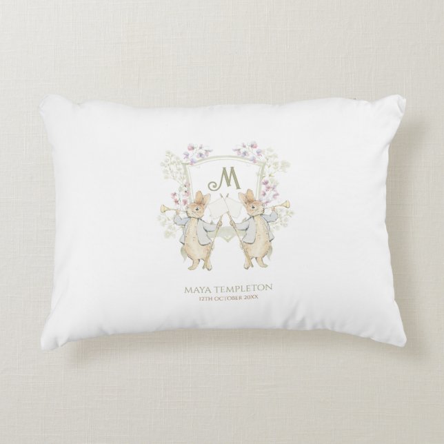Pastel Peter the Rabbit Monogram Twins Baby Shower Decorative Cushion (Front)