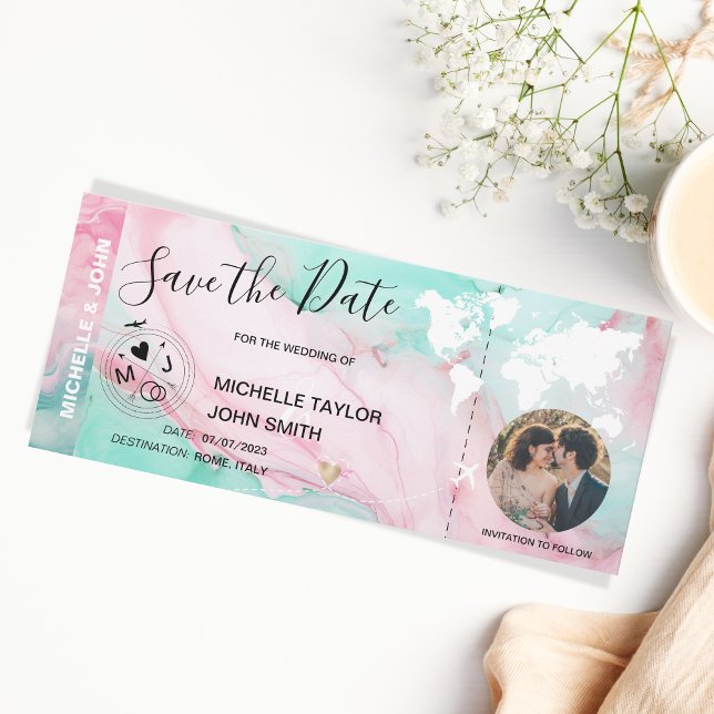 Pastel Photo Save the Date Boarding Pass World Map Invitation (Creator Uploaded)