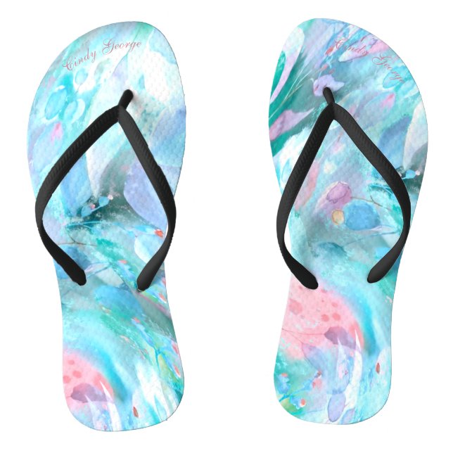 Pastel Pinched Flowery Nature BlueGreenPink Text Flip Flops (Footbed)