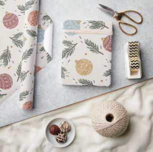 Pastel Pine Holly Ornaments Christmas Wrapping Paper