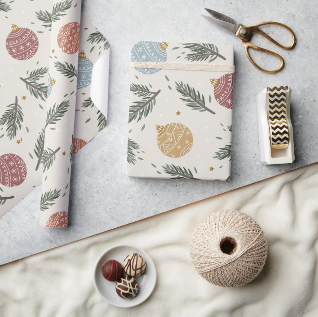 Pastel Pine Holly Ornaments Christmas Wrapping Paper (Crafts)