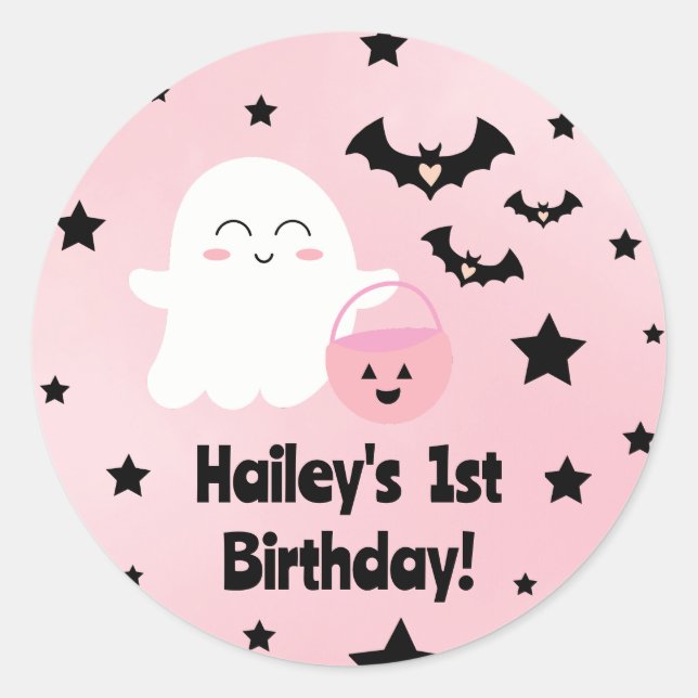 Pastel Pink 1st Birthday Halloween Round Sticker (Front)