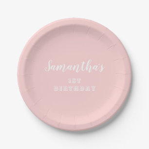 Pastel Pink 1st Birthday Script Paper Plate