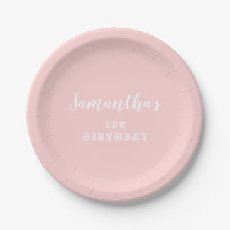 Pastel Pink 1st Birthday Script Paper Plate