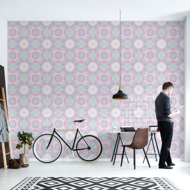 Pastel Pink And Aqua Geometric Watercolor Wallpaper (Living Room)
