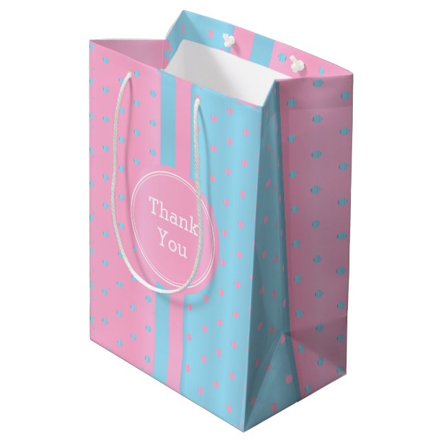 Pastel Pink and Baby Blue Polka Dots -Thank You Medium Gift Bag (Back Angled)