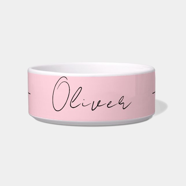 Pastel Pink and Black Elegant Handwritten Name Pet Bowl (Front)