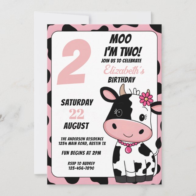 Pastel Pink and Black Moo Cow Any Age Birthday Invitation (Front)